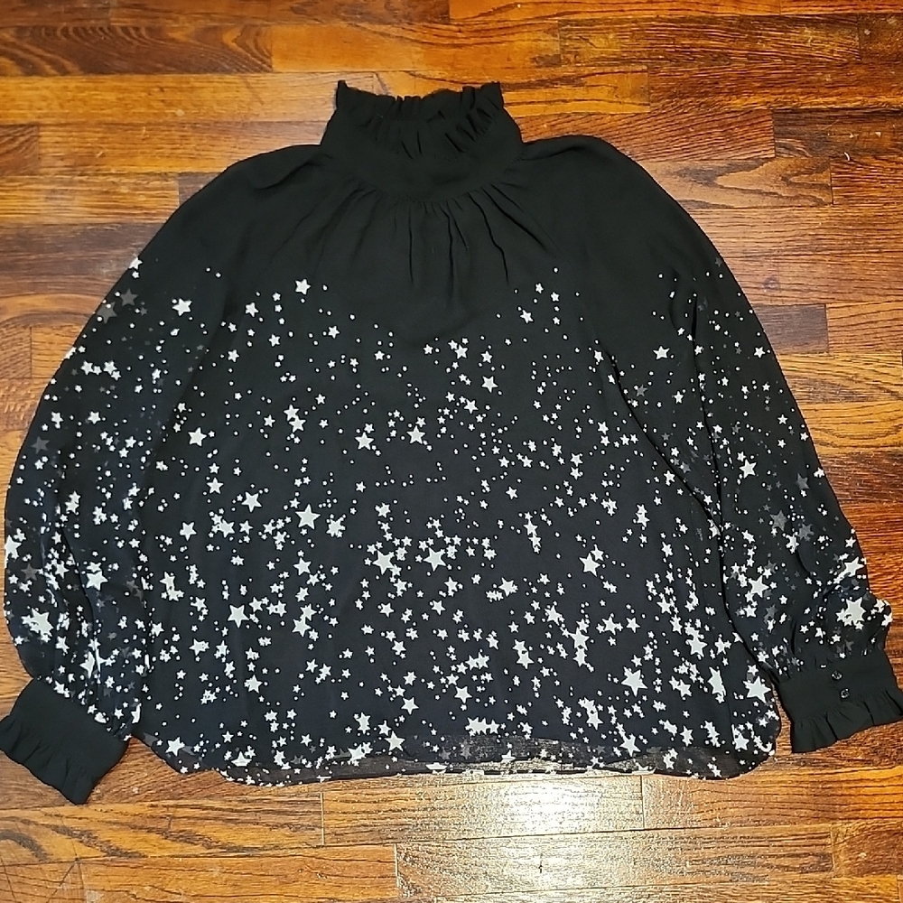 Vici Whimsigoth Black Sheer Ruffle High Neck Fairy Starry Print Blouse Large